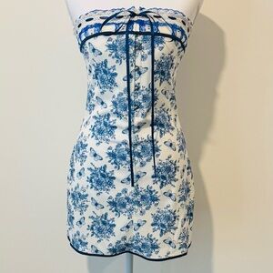 Blue Floral Corset Mini Dress Y2K Toile Strapless Bow Style 💙